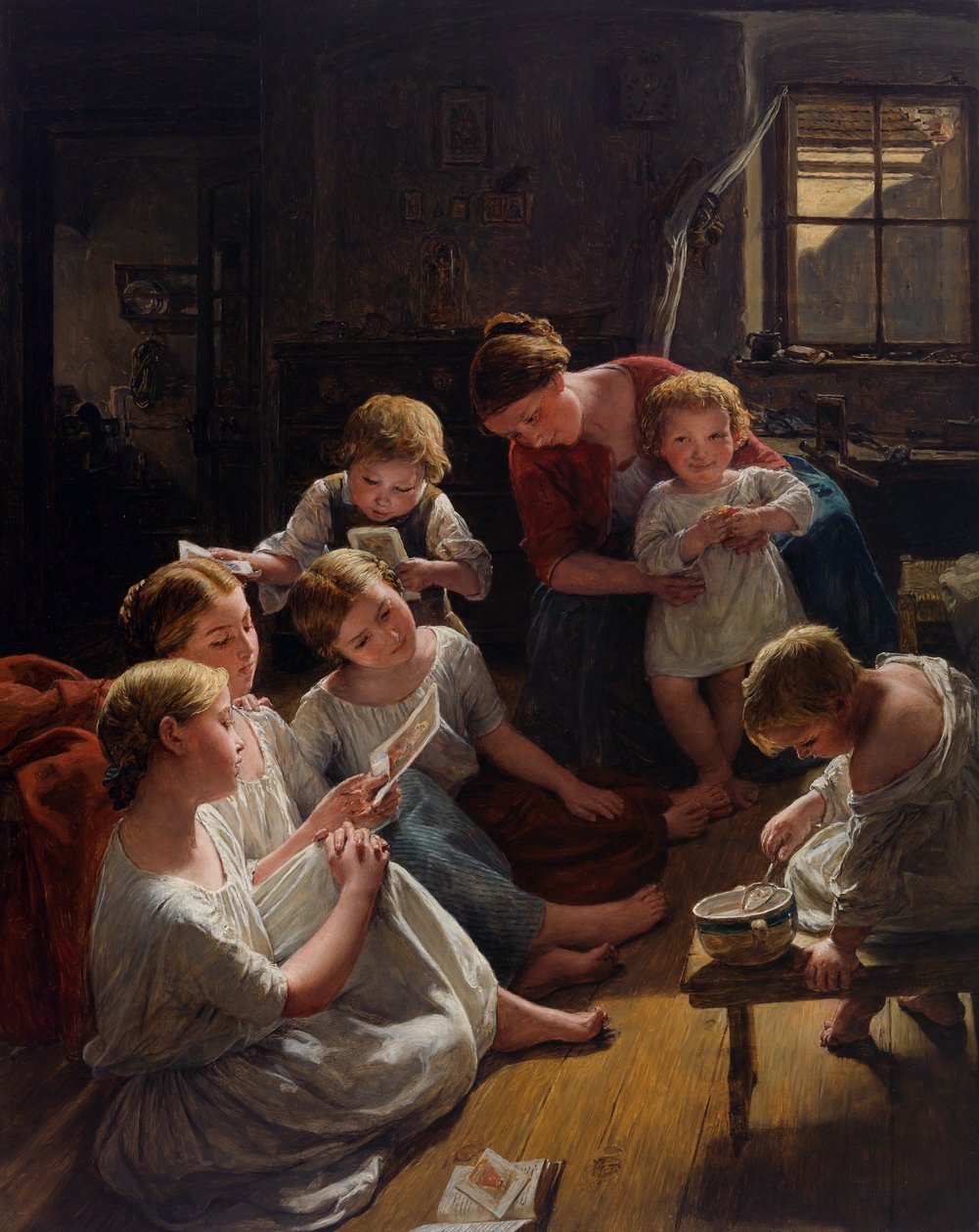 Des enfants, au matin, regardent des images - 孩子们在早上看画，作者Waldmueller, Ferdinand Georg (1793-1865)。木板上的油彩 作者 费迪南德·乔治·沃尔德米勒