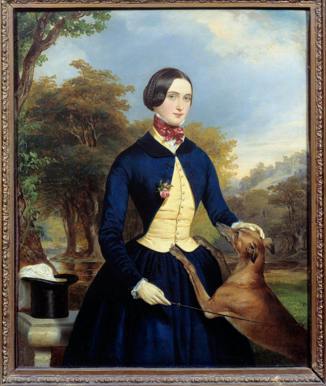 一个女人在亚马逊和她的狗的画像。 Ferdinand Waldmuller (1793-1865) Ec. 的绘画。 自动 作者 费迪南德·乔治·沃尔德米勒