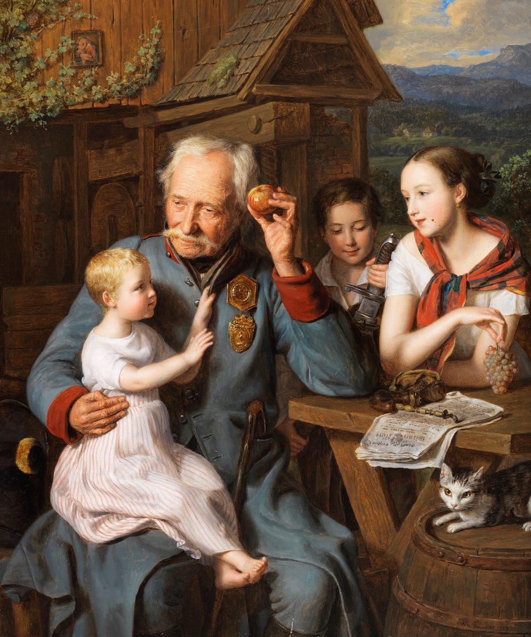 带孩子的老人 - 带孩子的老人，Waldmueller, Ferdinand Georg (1793-1865)。 木头上的油 作者 费迪南德·乔治·沃尔德米勒