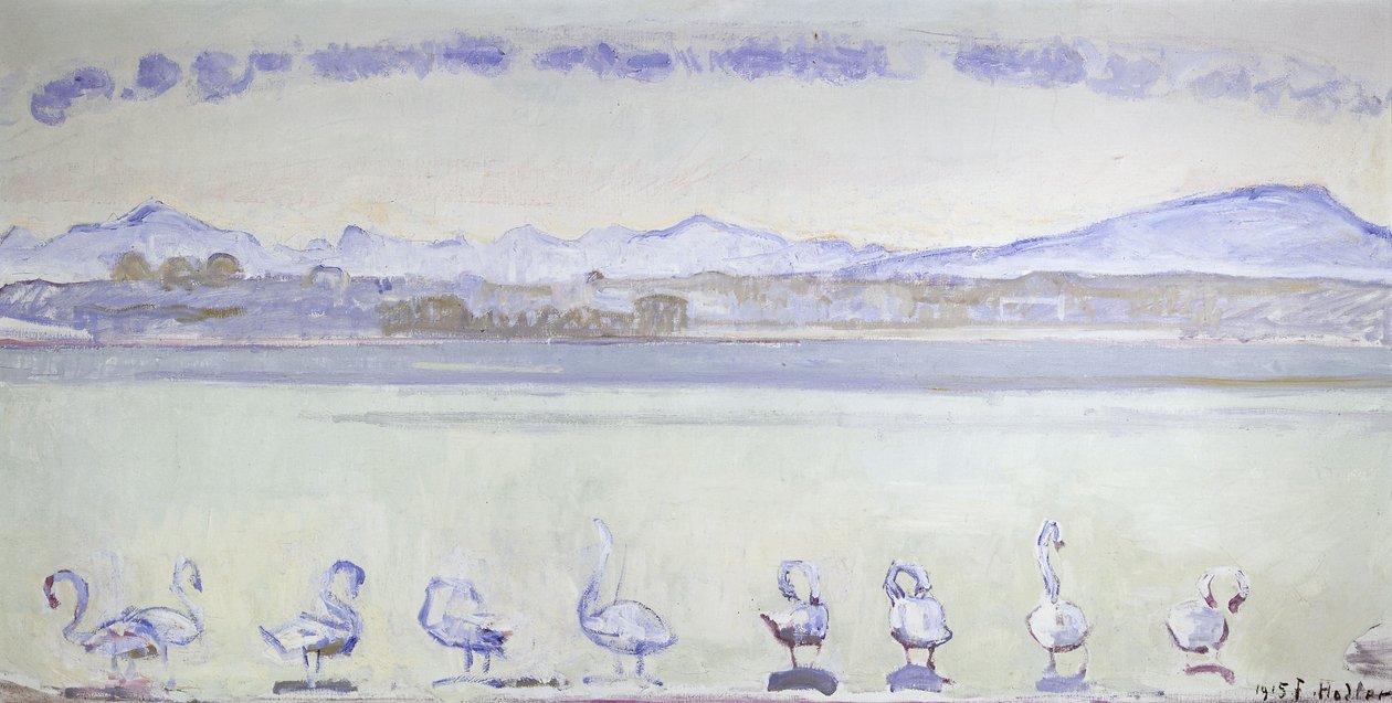 九只天鹅在多山的风景面前；日内瓦港，有九只天鹅，摄于勃朗峰Quai du Mont Blanc，1915年 作者 费迪南德·霍德勒