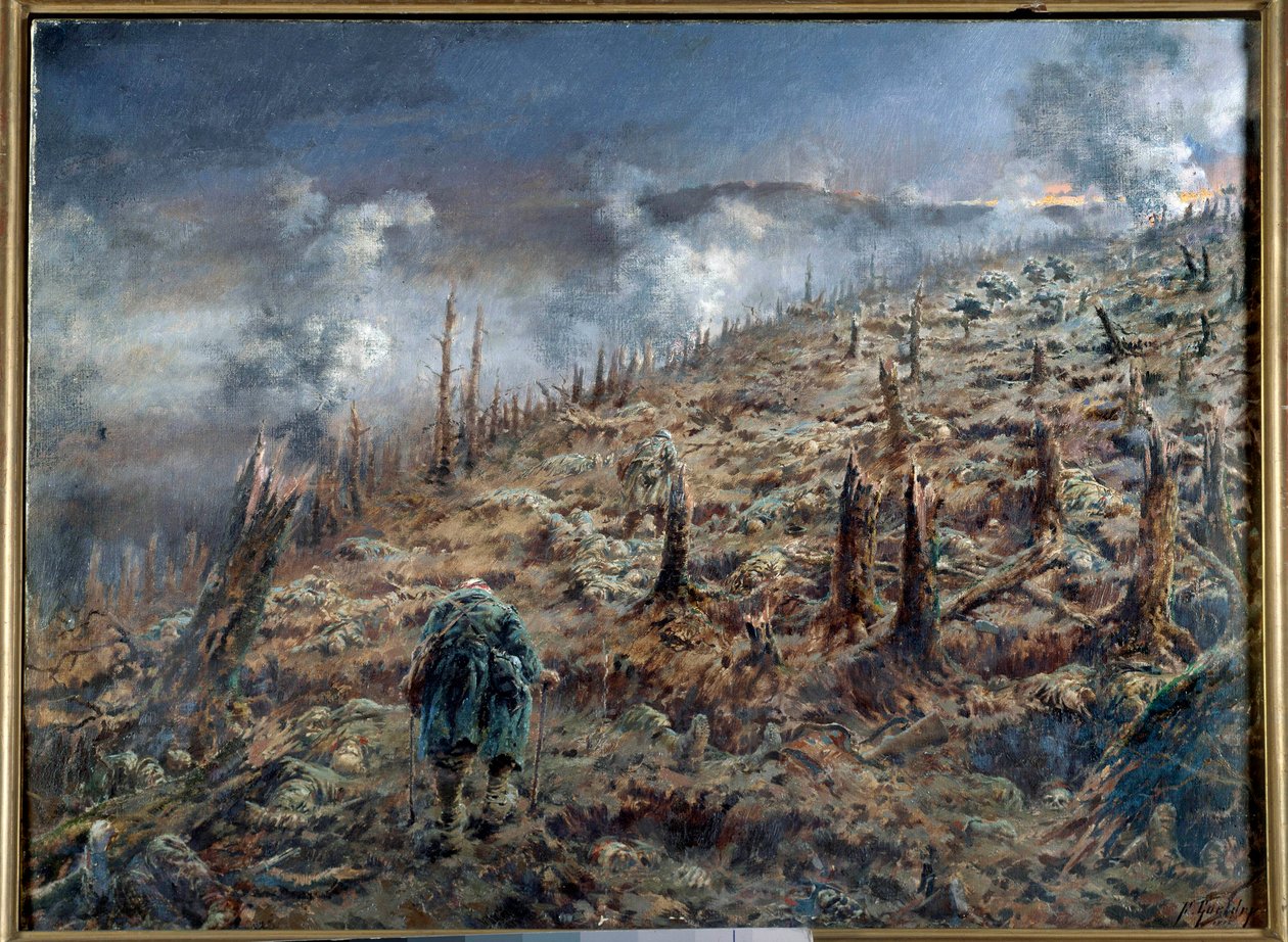 第一次世界大战（1914-1918 年）："凡尔登死亡峡谷 "战后废墟与灰烬的风景。费迪南德-约瑟夫-盖尔德里（1858-1945 年）1916 年作品，巴黎。两次世界大战博物馆 作者 费迪南德·约瑟夫·圭德尔