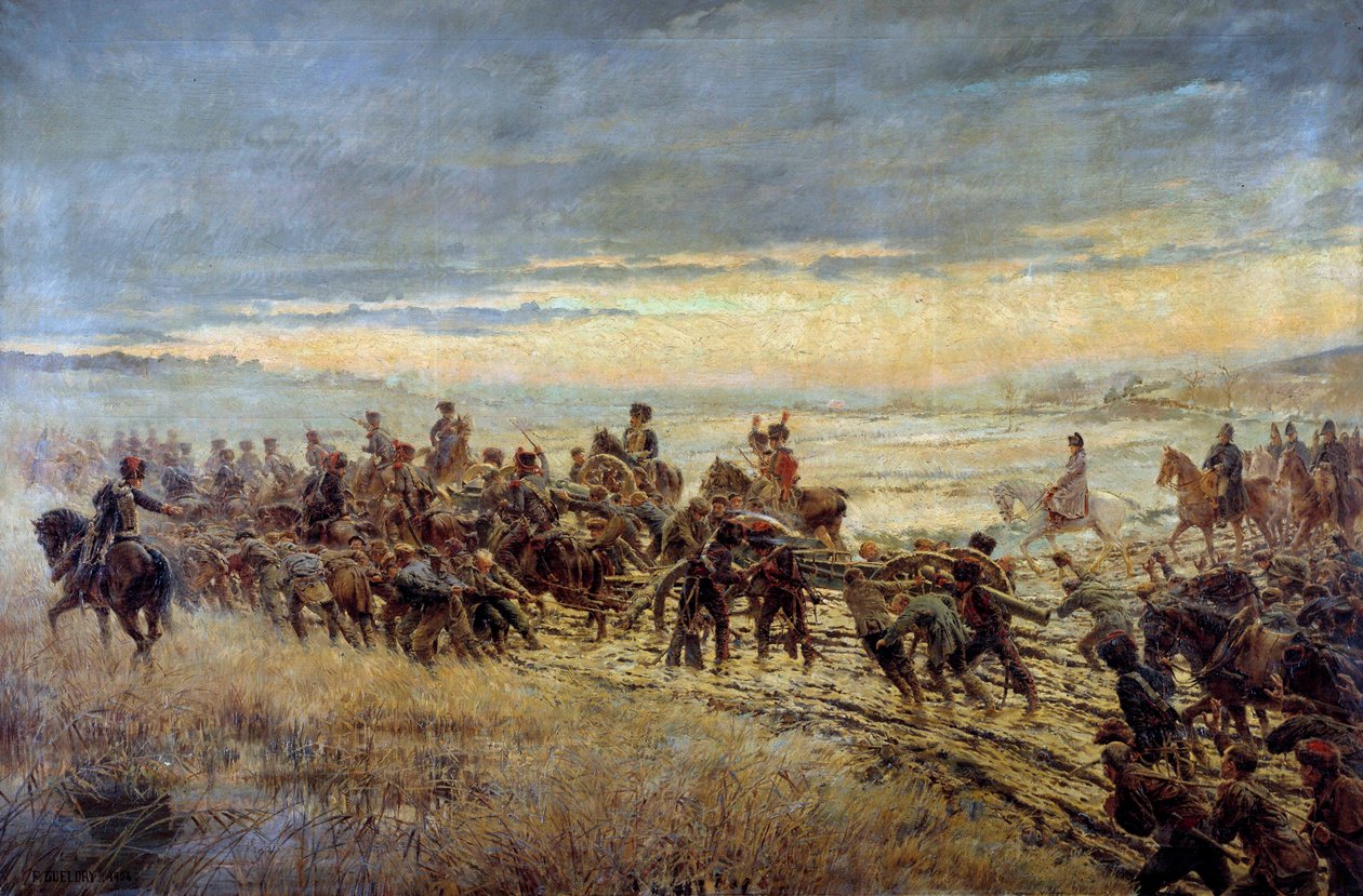 蒙米拉伊战役前夕 1814年2月10日 费迪南德·约瑟夫·盖尔德里 (Ferdinand Joseph Gueldry, 1858-1945) 1903-1904 Sun 的绘画。 1,3x3,5 m 巴黎，军事博物馆 注意！ 使用本作品可能需要第三方授权请求或额外费用 作者 费迪南德·约瑟夫·圭德尔