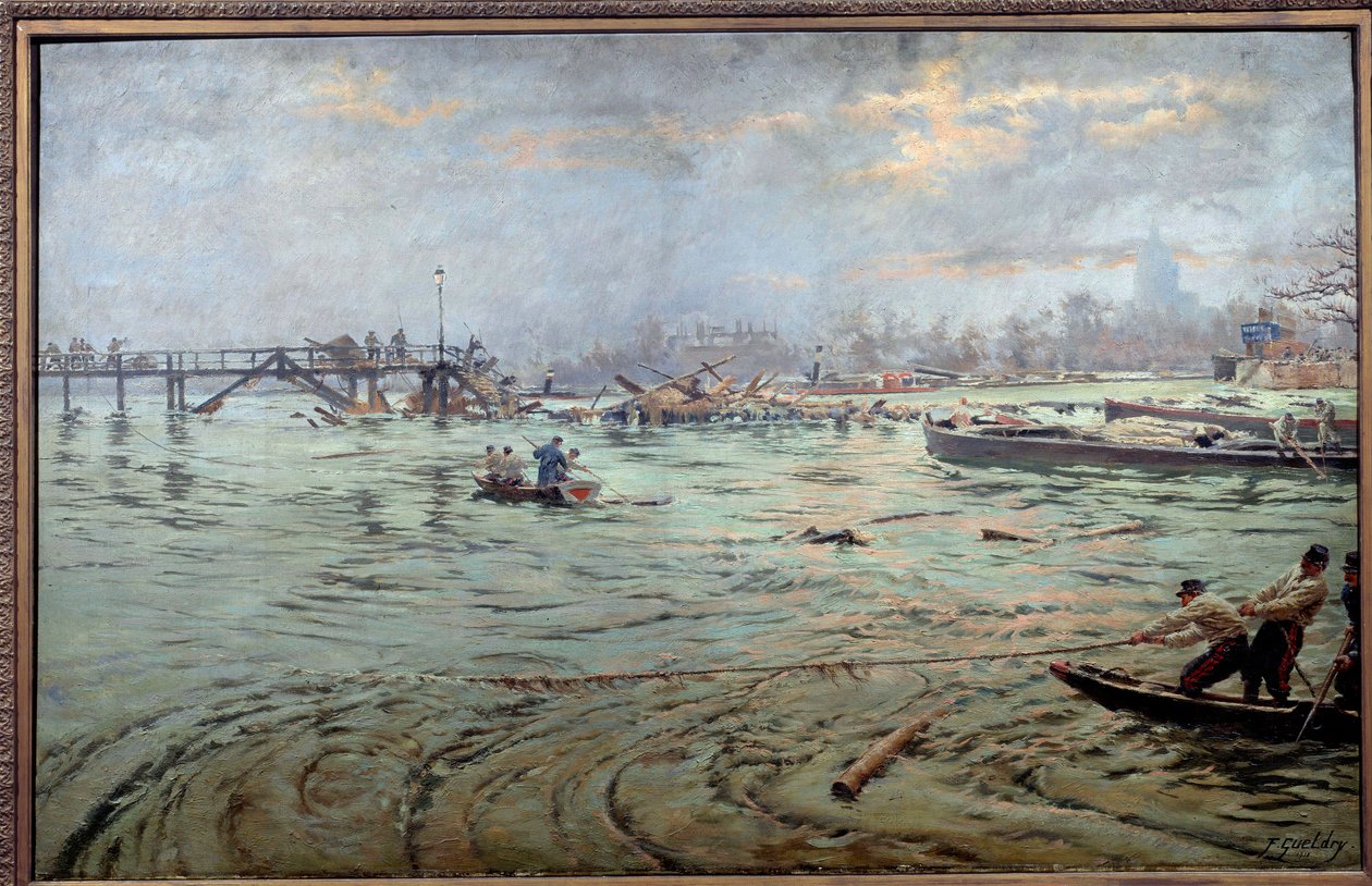 1910 年大洪水期间巴黎埃斯塔卡德桥和堤坝的景色 费迪南德-约瑟夫-盖尔德里（1858-1945 年）1910 年创作。巴黎，卡纳瓦罗博物馆。小心！使用本作品可能需要第三方授权请求或 作者 费迪南德·约瑟夫·圭德尔