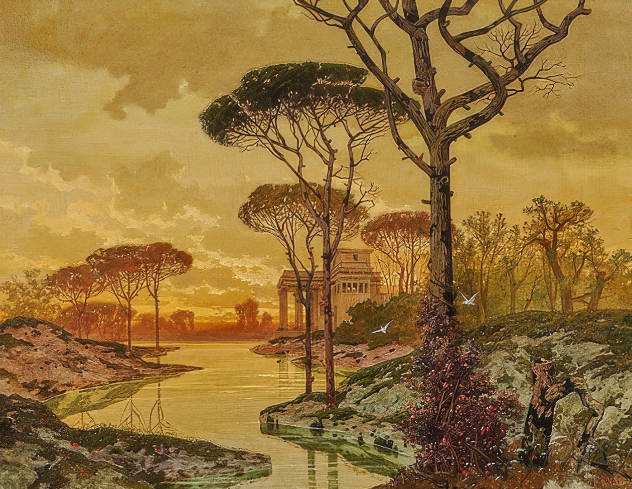 傍晚的风景与一栋古色古香的别墅。 1901年 作者 费迪南德·纳伯
