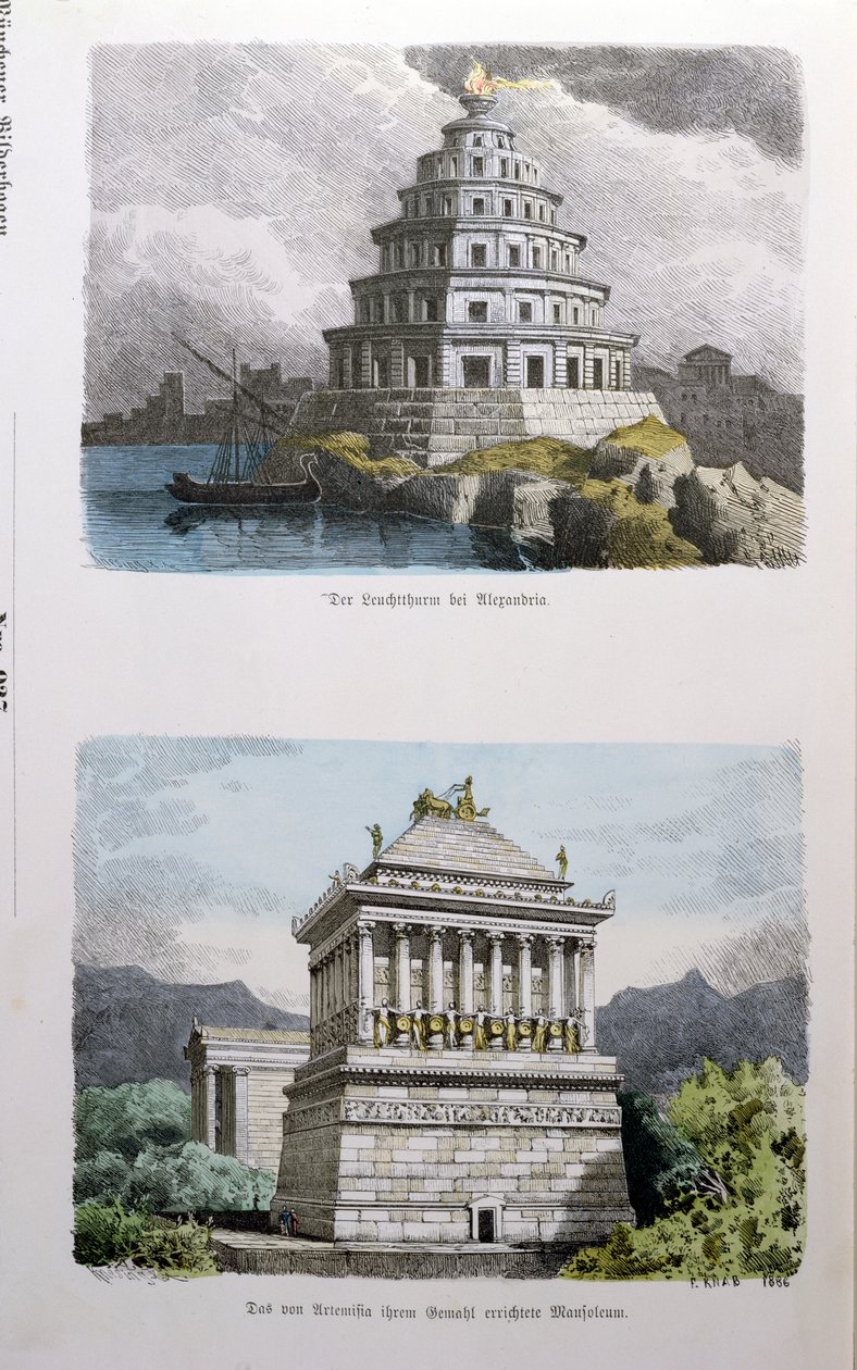 1886年在&39;Munchener Bilderbogen&39;上发表的一系列“世界七大奇迹”中的亚历山大大灯塔和哈利卡纳苏斯陵墓 作者 费迪南德·纳伯