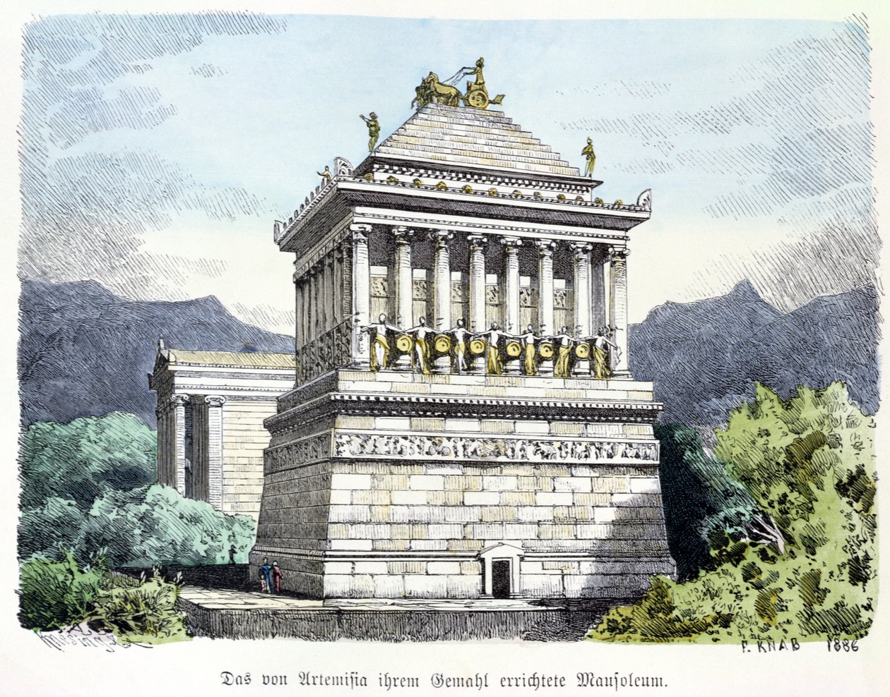 哈利卡纳苏斯陵墓，出自“Muenchnener Bilderbogen”的一系列“古代世界七大奇迹”。 1886年（彩色雕刻） 作者 费迪南德·纳伯
