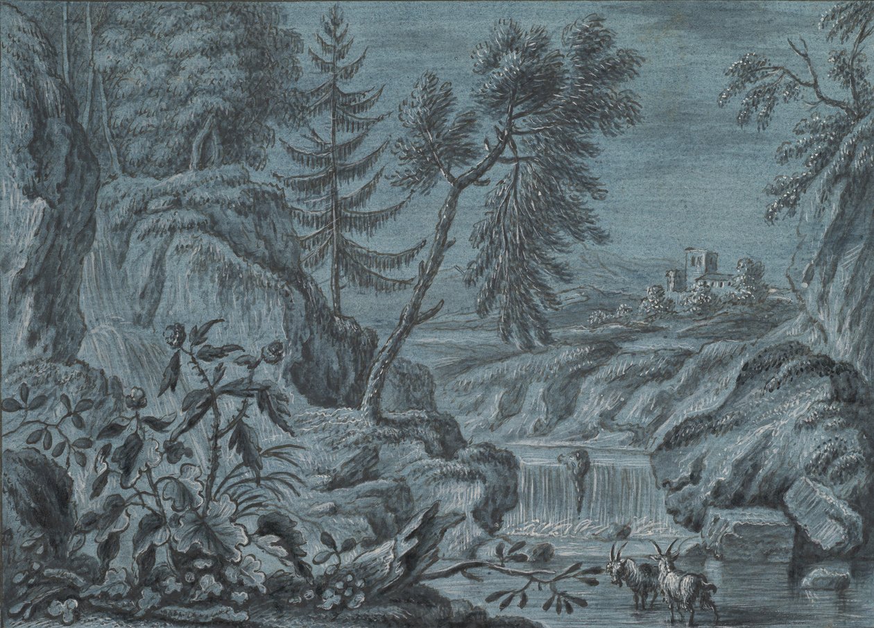 有瀑布和山羊的南方风景，18世纪末。 作者 费迪南德·科贝尔。
