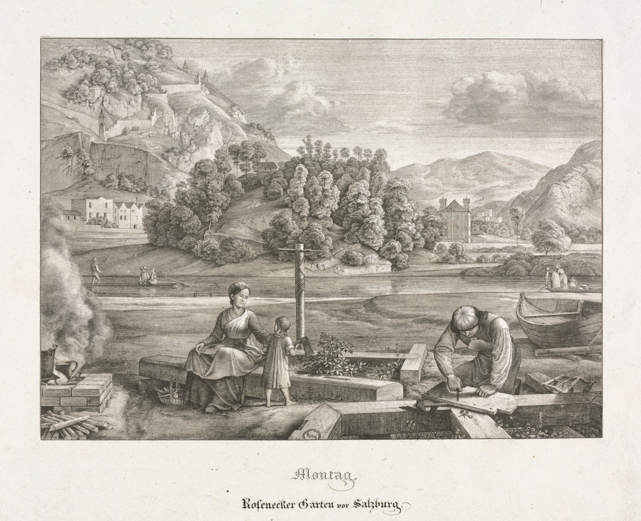 萨尔茨堡和贝希特斯加登的七景：星期一：Rosenecker Garden萨尔茨堡，1823年。 作者 费迪南德·奥利维尔