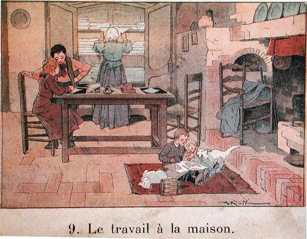 一个晚上在乡下的工作，学校教科书的插图，约 1900 年（彩色平版印刷） 作者 费迪南德·拉芬