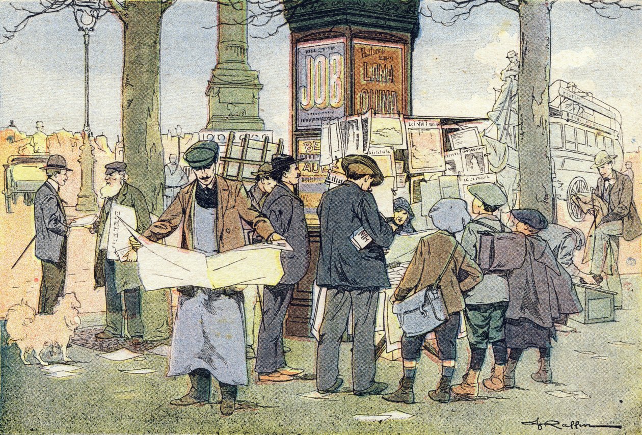 报刊亭里有报纸，载于《童年的想象》，约 1900 年（雕刻）。 作者 费迪南德·拉芬