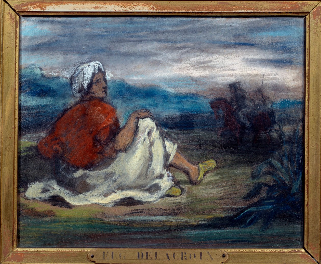 一个阿拉伯人坐在乡间的道路边上 粉彩画 欧仁-德拉克洛瓦（1798-1863） 19世纪 私人收藏品 作者 费迪南德·维克多·尤金·德拉克罗瓦