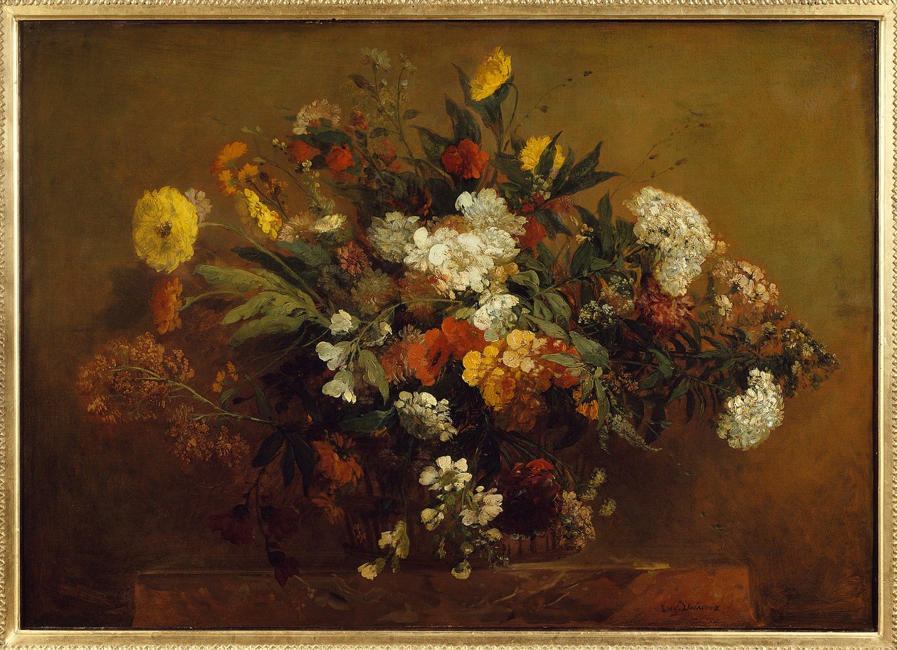 一束鲜花。 尤金·德拉克洛瓦 (Eugene Delacroix) 的绘画 (1798-1863) 作者 费迪南德·维克多·尤金·德拉克罗瓦