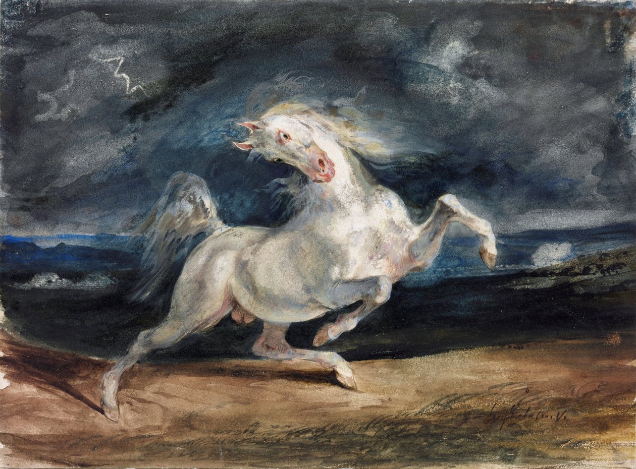 Cheval effraye par la foudre - Horse Frightened by Lightning - Delacroix, Eugene (1798-1863) - 1825-1829 - 纸上水彩、水粉 - 23,6x32 - Szepmuveszeti Muzeum, Budapest 作者 费迪南德·维克多·尤金·德拉克罗瓦