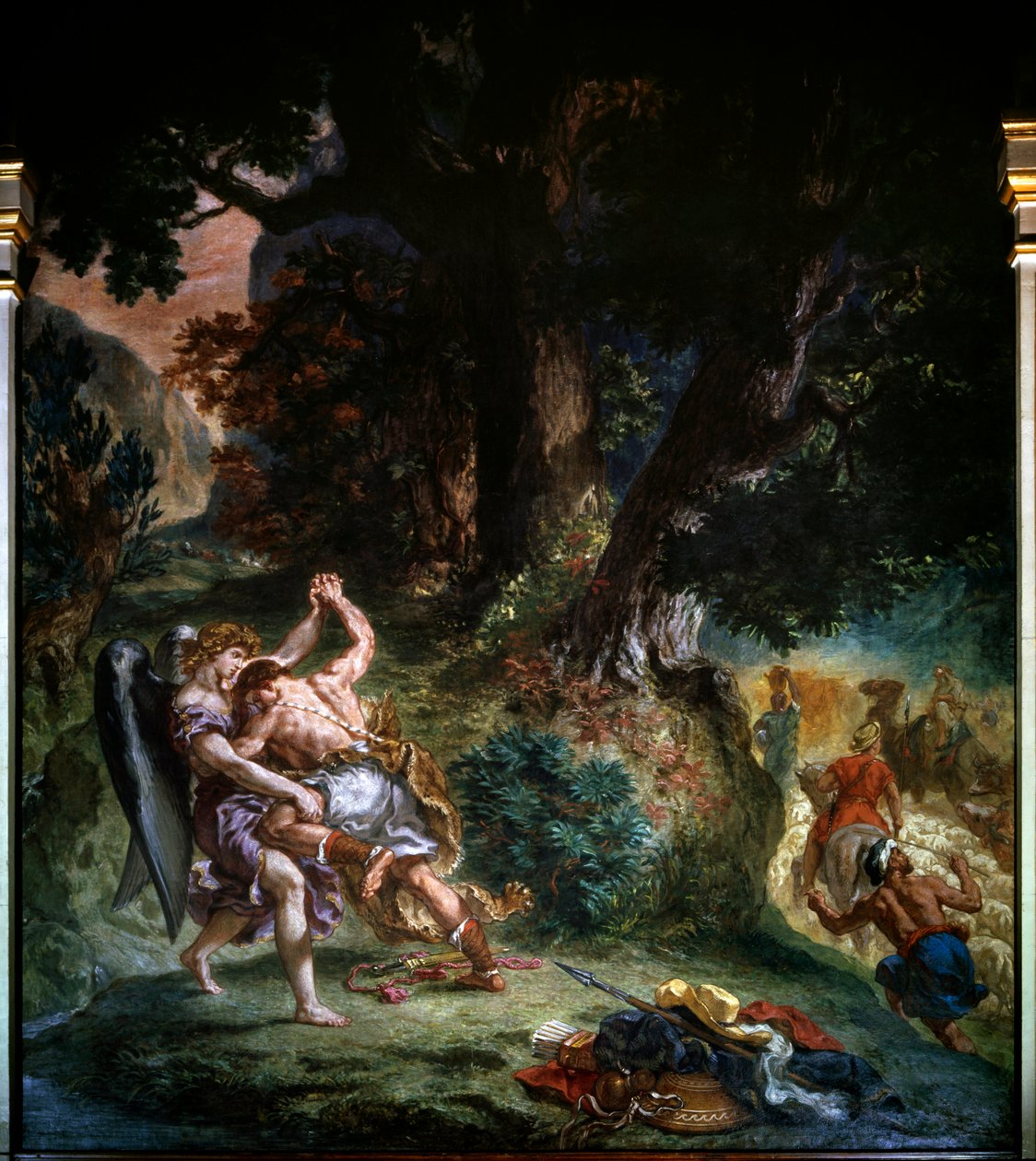 雅各布与 1860 年天使细节之间的斗争：尤金·德拉克罗瓦（Eugene Delacroix，1798-1863 年）巴黎圣叙尔皮斯教堂的绘画。 作者 费迪南德·维克多·尤金·德拉克罗瓦