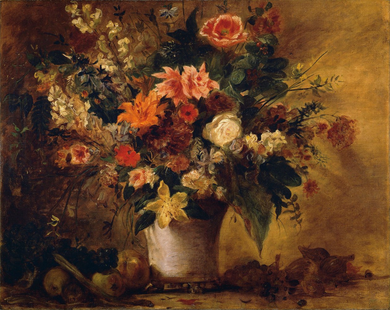 Flowers and Fruit (oil on canvas) 作者 费迪南德·维克多·尤金·德拉克罗瓦