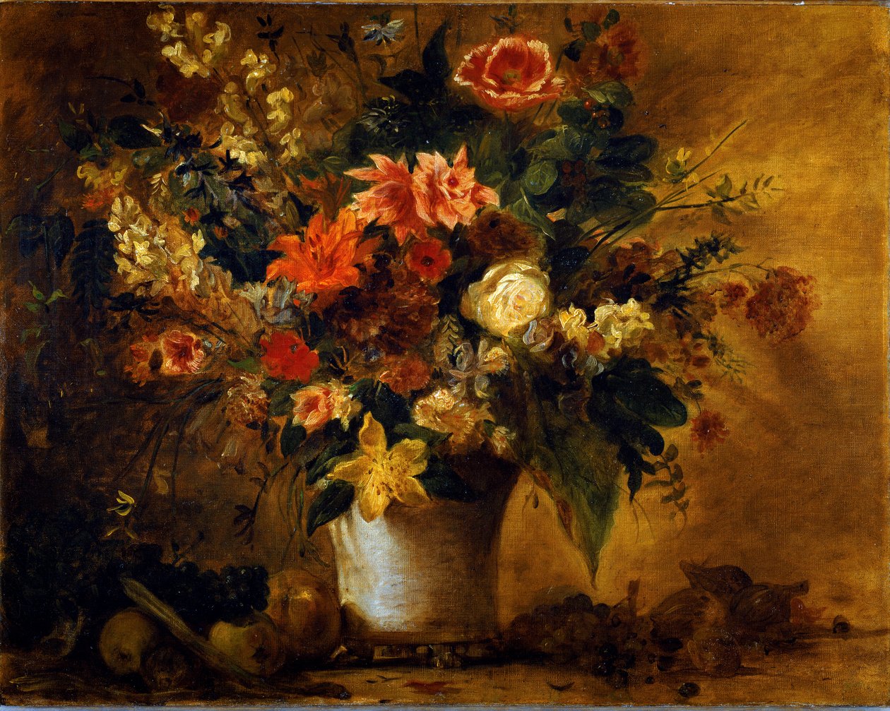 鲜花和水果 gres 花瓶中的花束。 Eugene Delacroix (1798-1863) 作画，约 1843 年 太阳。 74x93 厘米维也纳艺术史博物馆，新画廊 作者 费迪南德·维克多·尤金·德拉克罗瓦