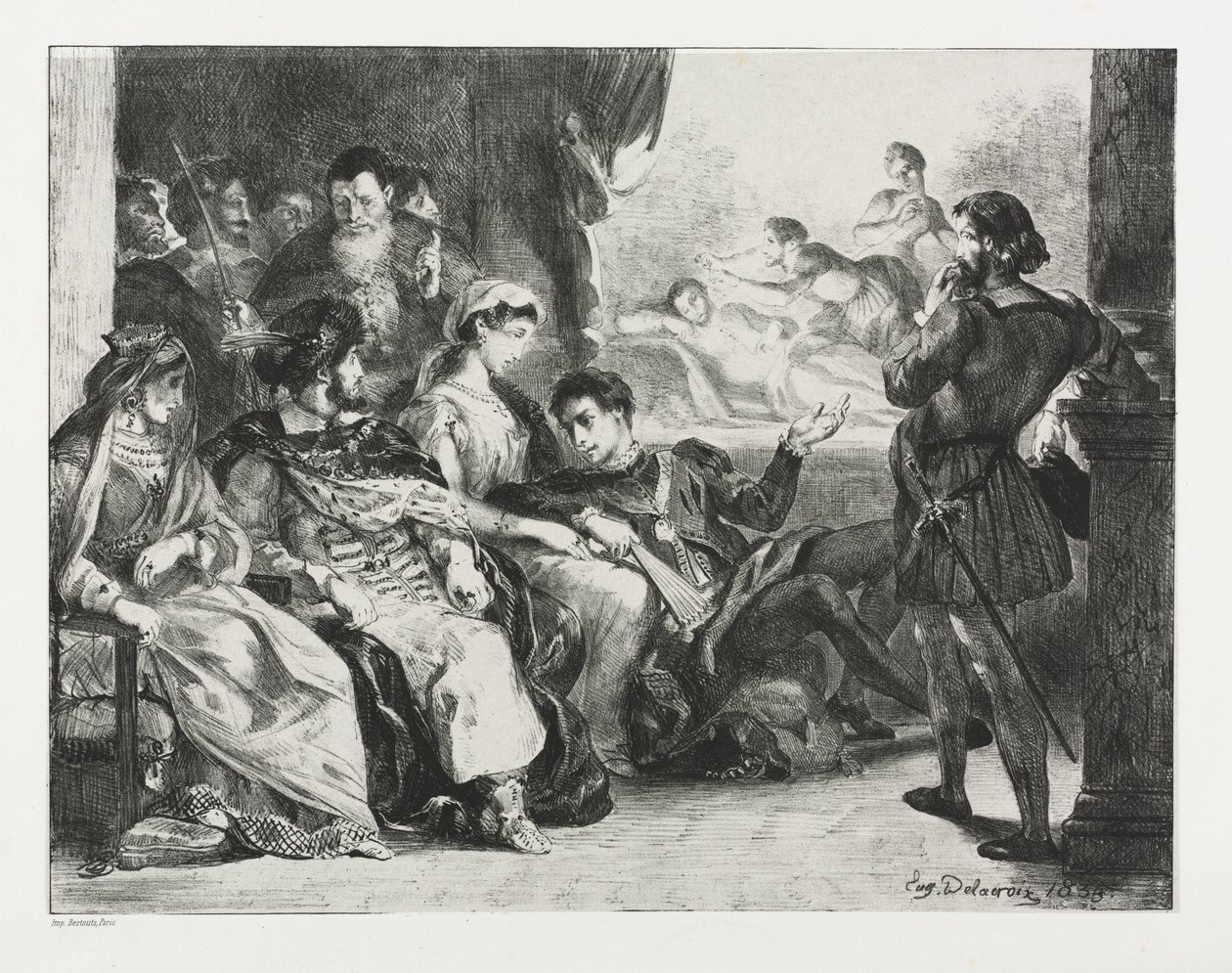 哈姆雷特（Hamlet）：哈姆雷特（Hamlet）指挥演员们从1834年父亲的中毒事件中扮演一个场景。 作者 费迪南德·维克多·尤金·德拉克罗瓦