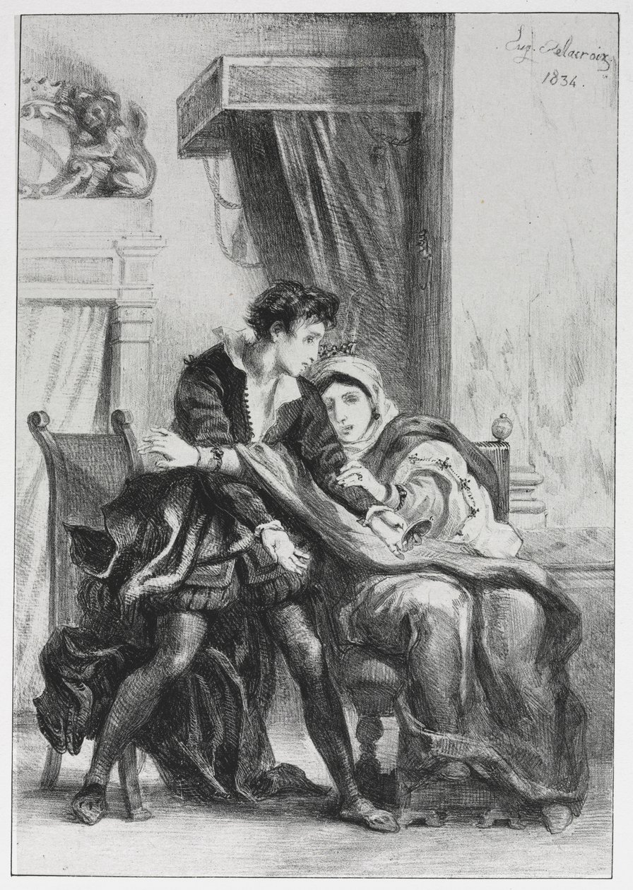《哈姆雷特》：《哈姆雷特与女王》，1834年。 作者 费迪南德·维克多·尤金·德拉克罗瓦
