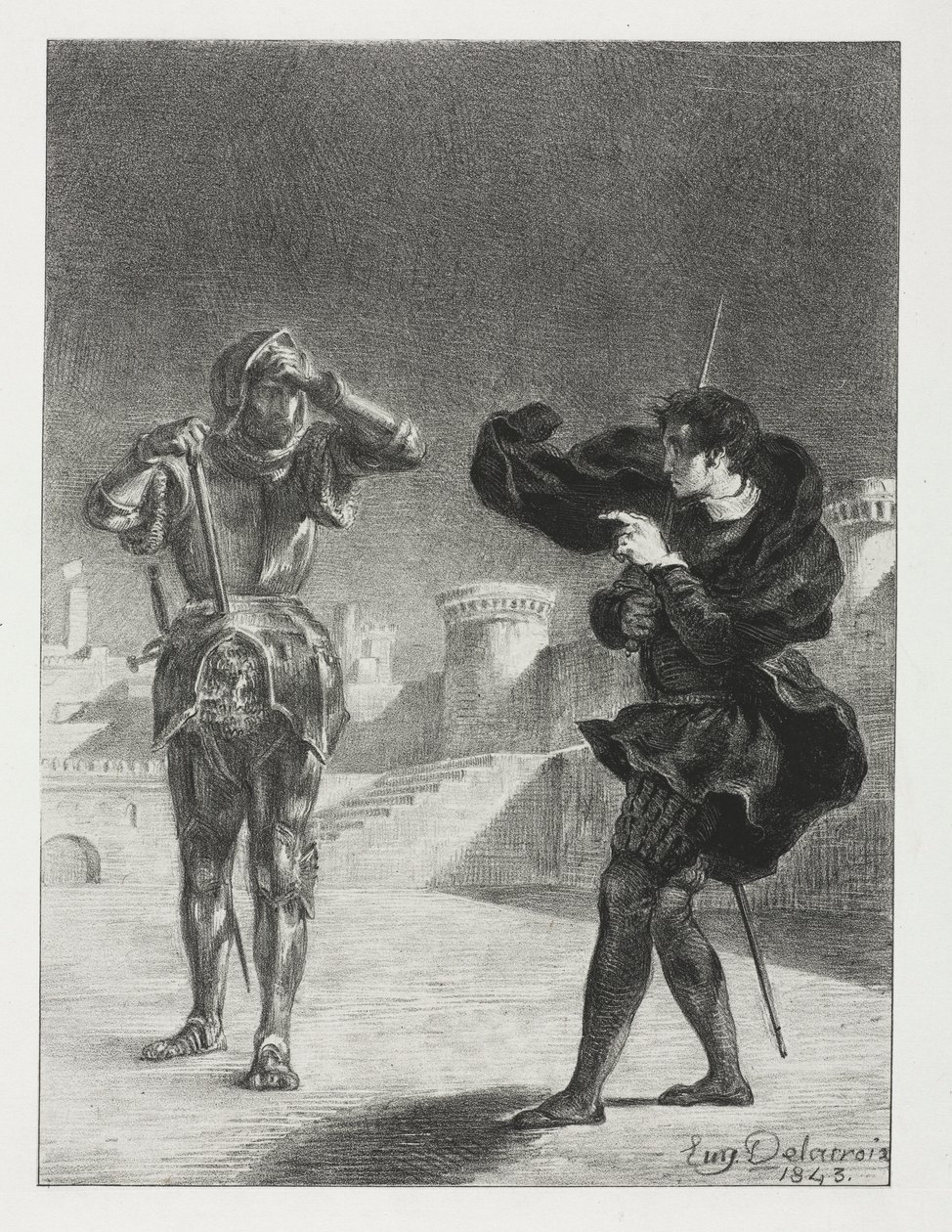 哈姆雷特：露台上的幻影，1843年。 作者 费迪南德·维克多·尤金·德拉克罗瓦