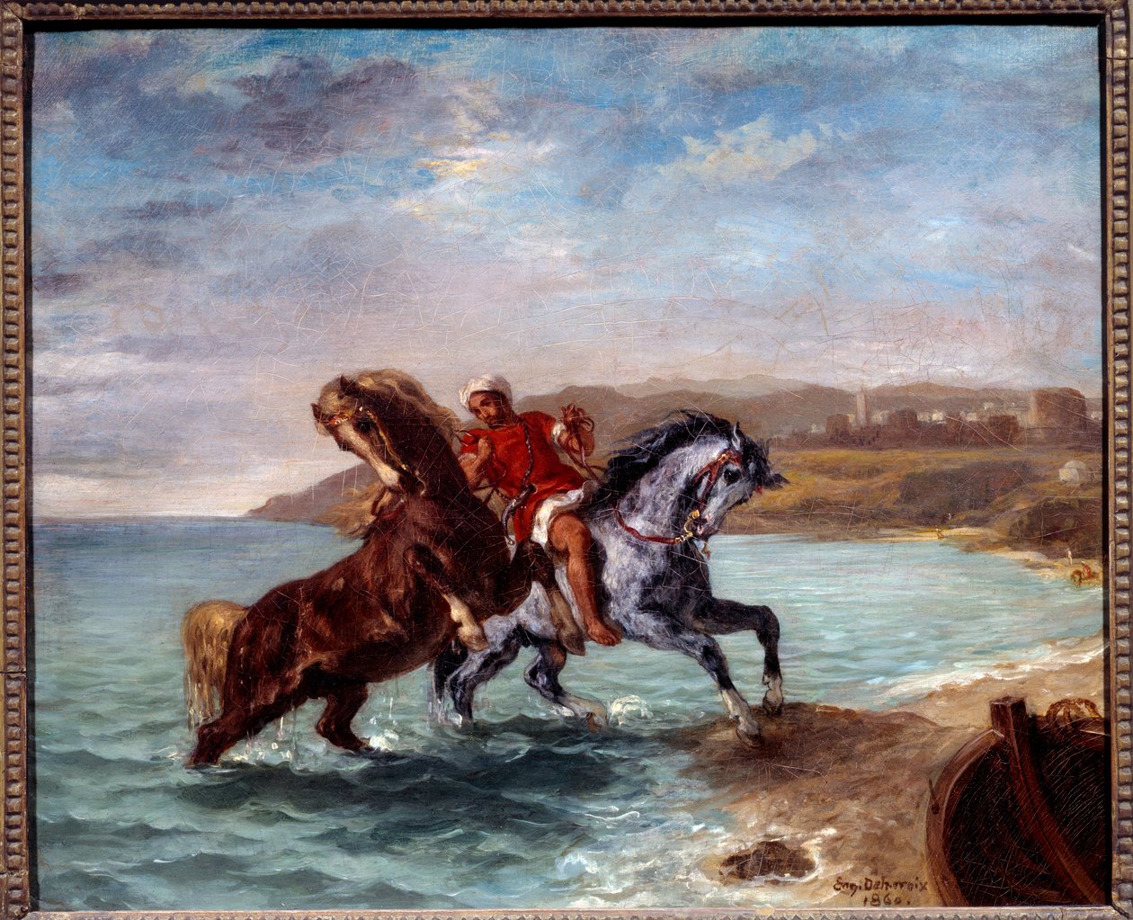从海里出来的马。 尤金·德拉克洛瓦 (Eugene Delacroix) 的绘画 (1798-1863) 作者 费迪南德·维克多·尤金·德拉克罗瓦
