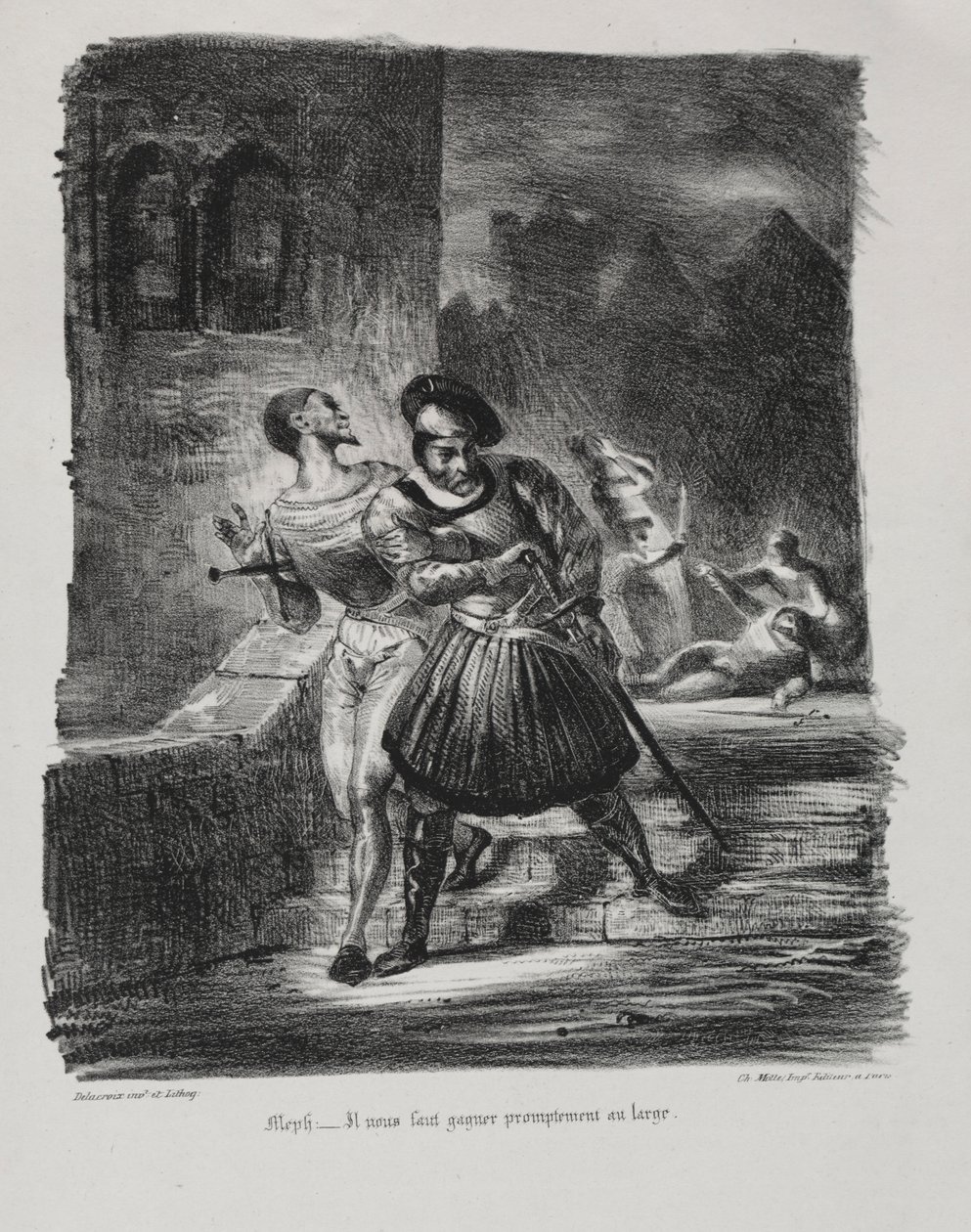 浮士德插图：Méphistophélés和浮士德在决斗之后逃离，1828年。 作者 费迪南德·维克多·尤金·德拉克罗瓦