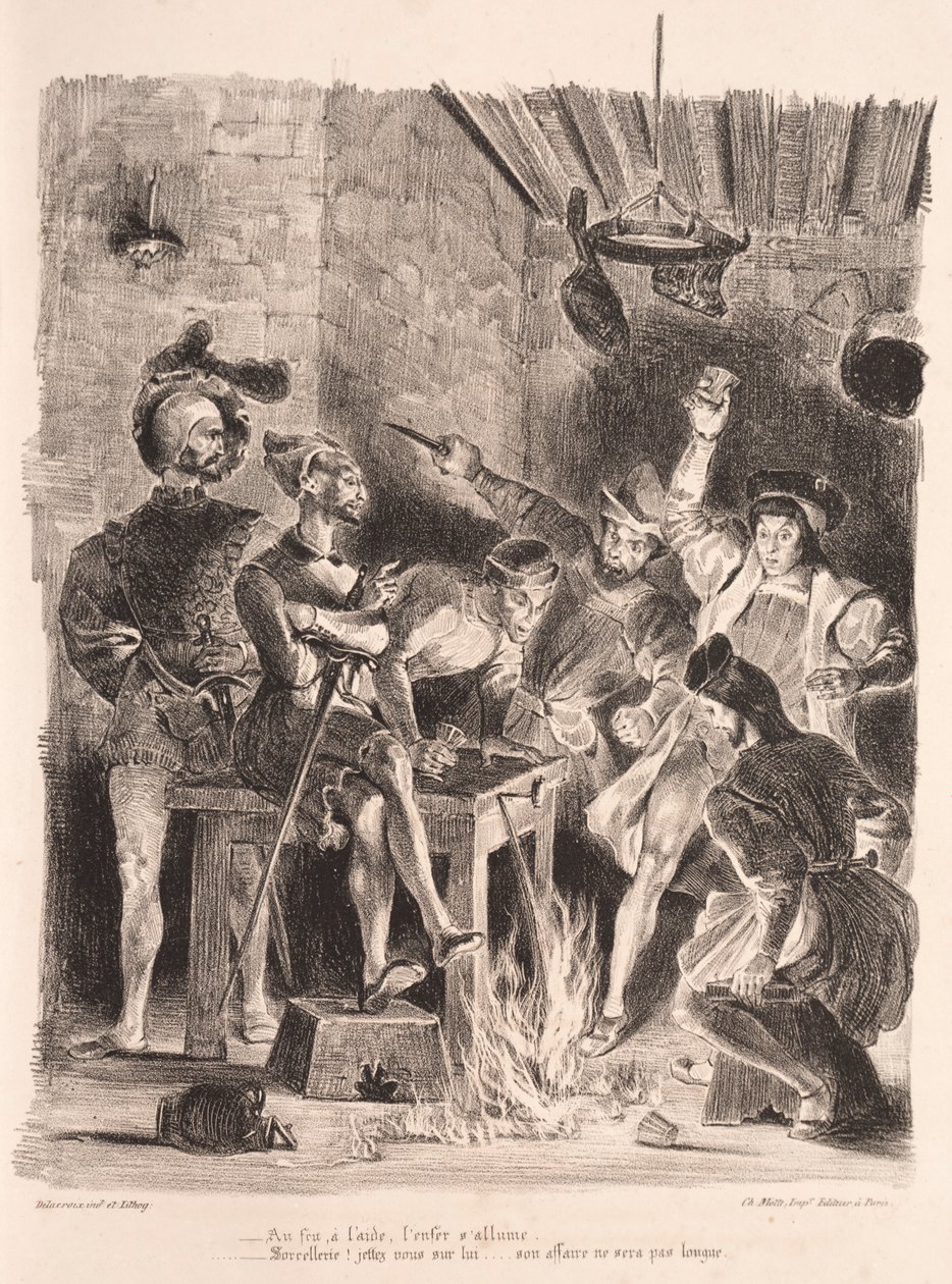 浮士德插图：Méphistophélés在学生的小酒馆，1828年。 作者 费迪南德·维克多·尤金·德拉克罗瓦