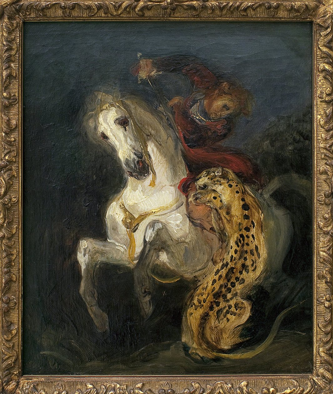 美洲虎攻击骑手。 Eugene Delacroix (1798-1863) 作画，油画 作者 费迪南德·维克多·尤金·德拉克罗瓦