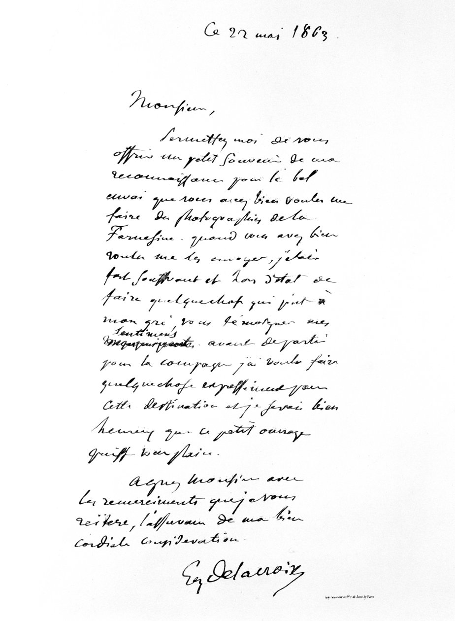 法国浪漫主义画家尤金·德拉克罗瓦（Eugene Delacroix）签名的信，1863年 作者 费迪南德·维克多·尤金·德拉克罗瓦