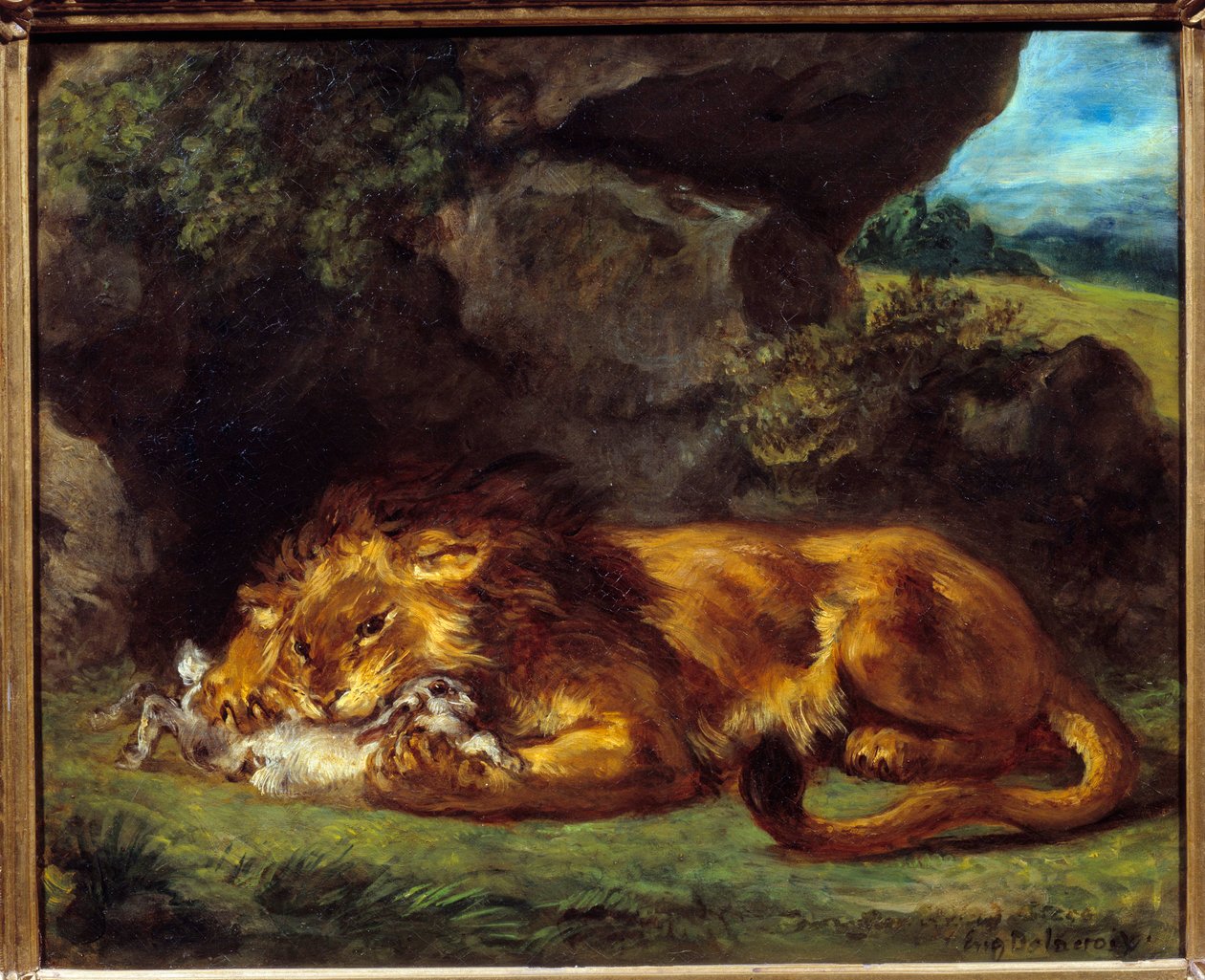 狮子打兔子。 尤金·德拉克洛瓦 (Eugene Delacroix) 的绘画 (1798-1863) 作者 费迪南德·维克多·尤金·德拉克罗瓦