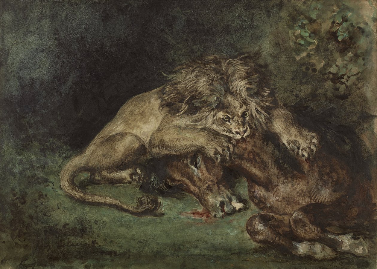 Liondévorantuncheval（Lion Devouring a Horse），c。 1844年（水彩，bodycolor oand gum阿拉伯语，纸上有石墨，安装在板上） 作者 费迪南德·维克多·尤金·德拉克罗瓦