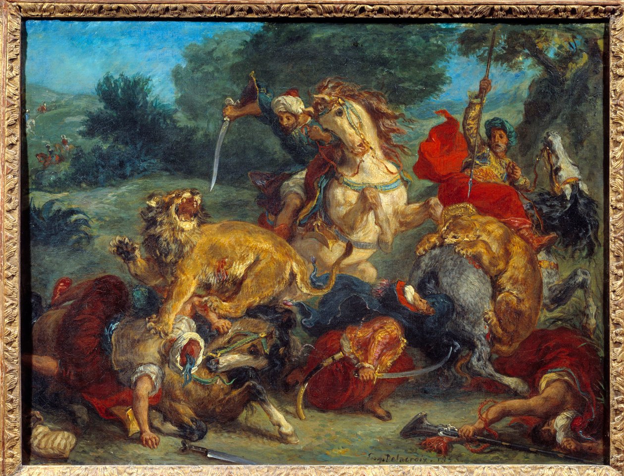 狮子狩猎。 尤金·德拉克洛瓦 (Eugene Delacroix) 的绘画 (1798-1863) 作者 费迪南德·维克多·尤金·德拉克罗瓦