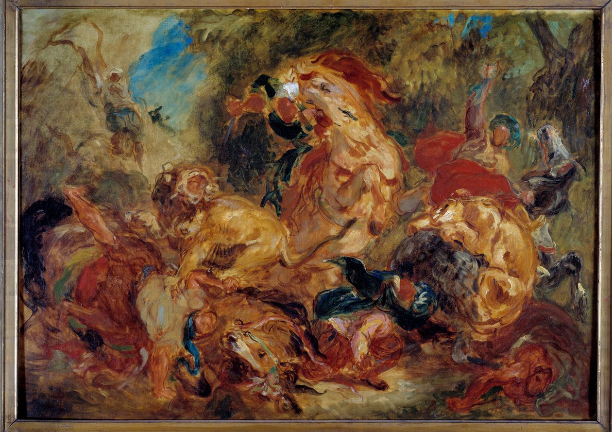 狮子狩猎。 Eugene Delacroix (1798-1863) 的素描 作者 费迪南德·维克多·尤金·德拉克罗瓦