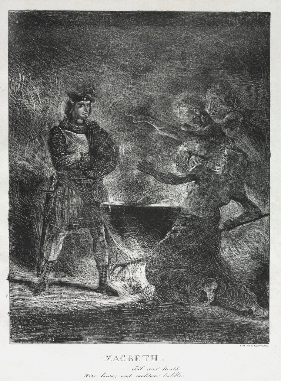 麦克白咨询女巫，1825年。 作者 费迪南德·维克多·尤金·德拉克罗瓦