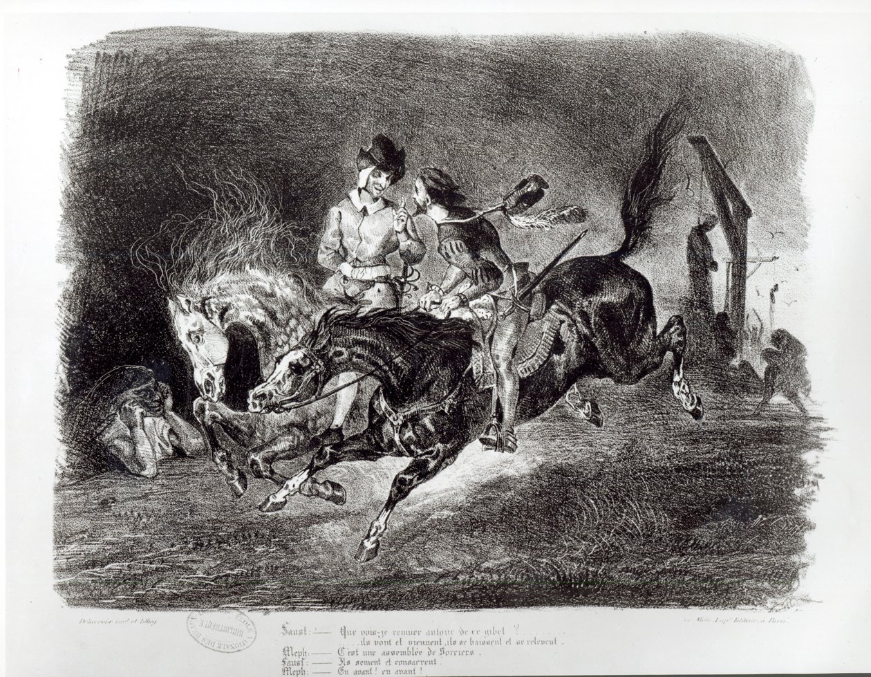 Mephistopheles和浮士德骑在夜里，插图为浮士德，1828年 作者 费迪南德·维克多·尤金·德拉克罗瓦