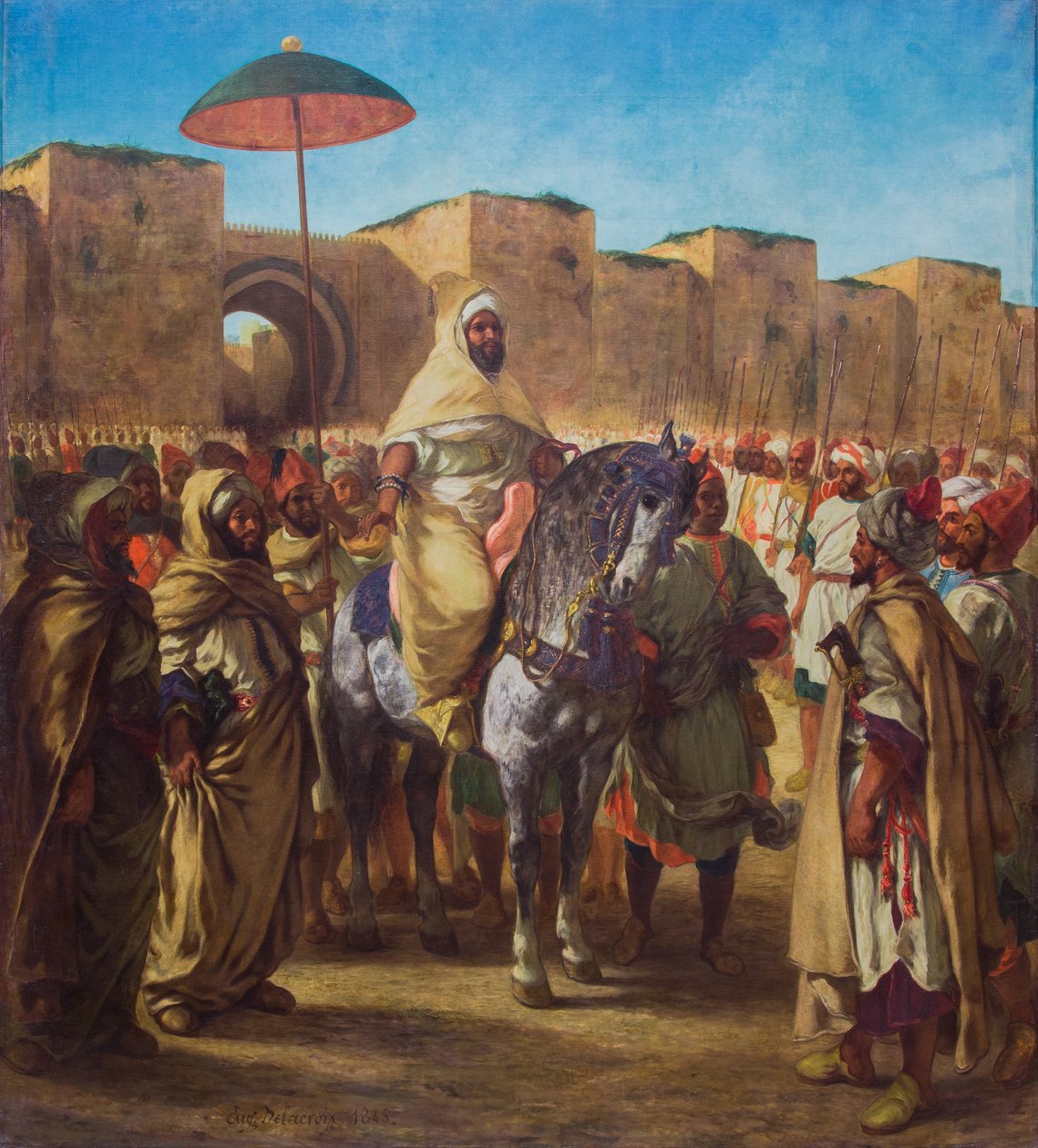 1845 年，摩洛哥苏丹穆莱-阿卜杜勒-拉赫曼（Moulay Abd-er-Rahman）在卫队和主要官员的簇拥下离开位于梅克内斯的宫殿（布面油画）。 作者 费迪南德·维克多·尤金·德拉克罗瓦