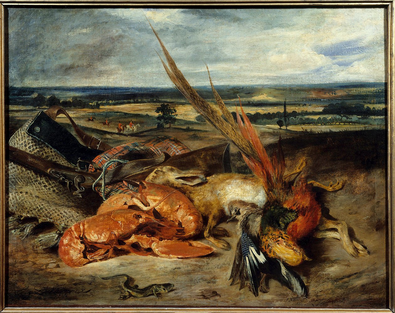 用龙虾和狩猎和捕鱼奖杯绘制的静物画 尤金·德拉克罗瓦 (Eugene Delacroix) (1798-1863) 1827 年 0,80 x 1,06 m 巴黎。 卢浮宫 作者 费迪南德·维克多·尤金·德拉克罗瓦