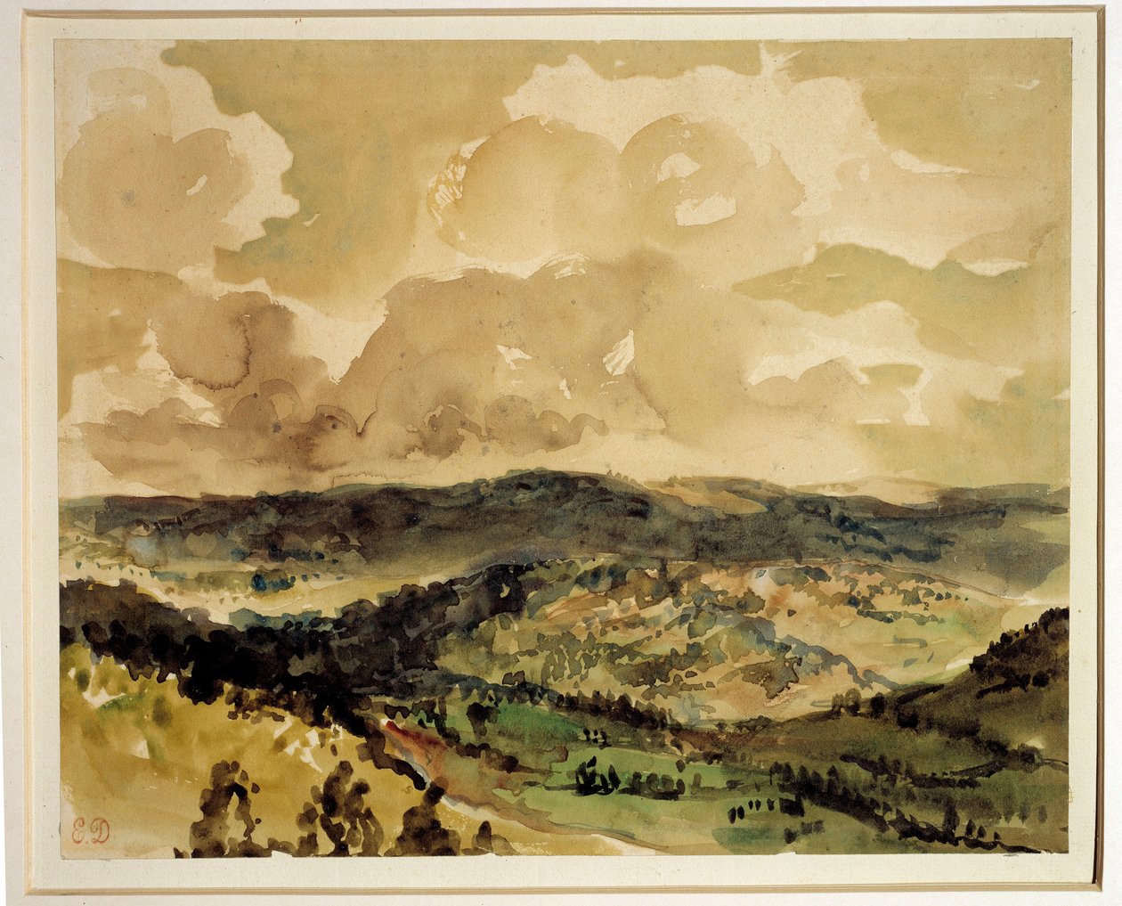 尤金·德拉克罗瓦（Eugene Delacroix，1798-1863 年）1855 年左右的克罗兹水彩画周围树木繁茂的山丘全景。 0,21 x 0,26 m 巴黎。 卢浮宫 作者 费迪南德·维克多·尤金·德拉克罗瓦