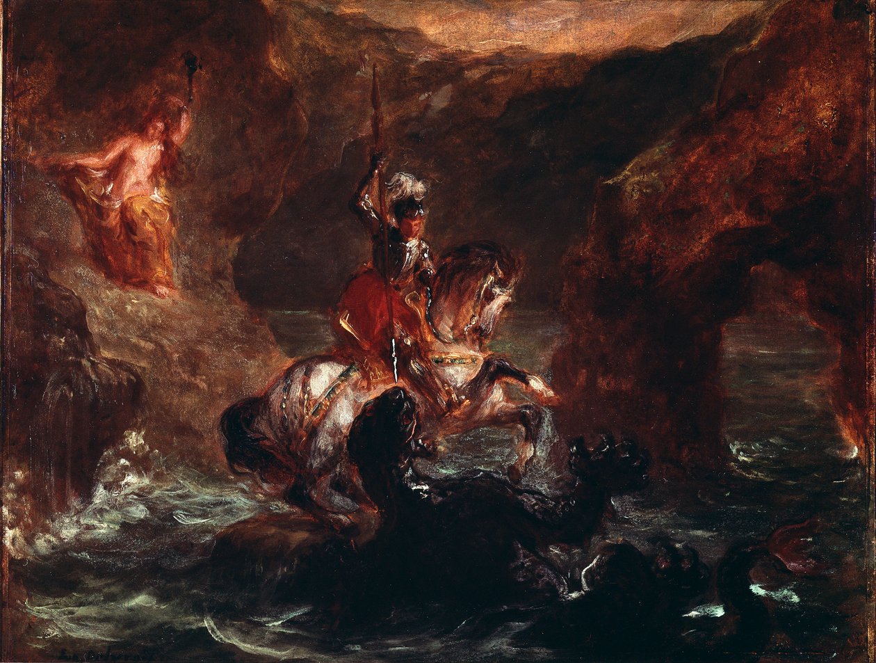 圣乔治杀龙 画家：尤金-德拉克洛瓦(1798-1863) 1847年 太阳。28x36厘米 巴黎，卢浮宫博物馆 作者 费迪南德·维克多·尤金·德拉克罗瓦