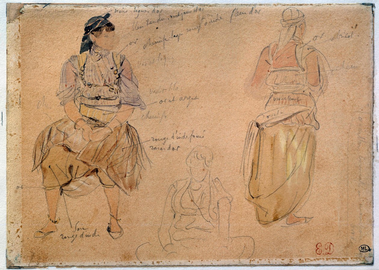 阿拉伯妇女研究 尤金·德拉克洛瓦（Eugene Delacroix，1798-1863 年）用水彩亮点绘制铅矿，1832 年巴黎，卢浮宫博物馆 作者 费迪南德·维克多·尤金·德拉克罗瓦