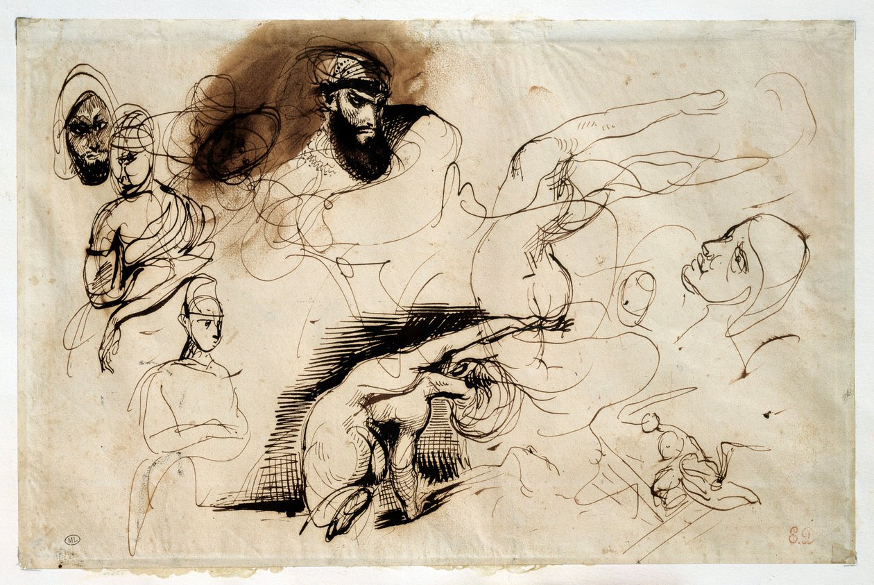 研究萨达纳佩尔之死。 尤金·德拉克洛瓦 (Eugene Delacroix) 的绘画 (1798-1863) 作者 费迪南德·维克多·尤金·德拉克罗瓦