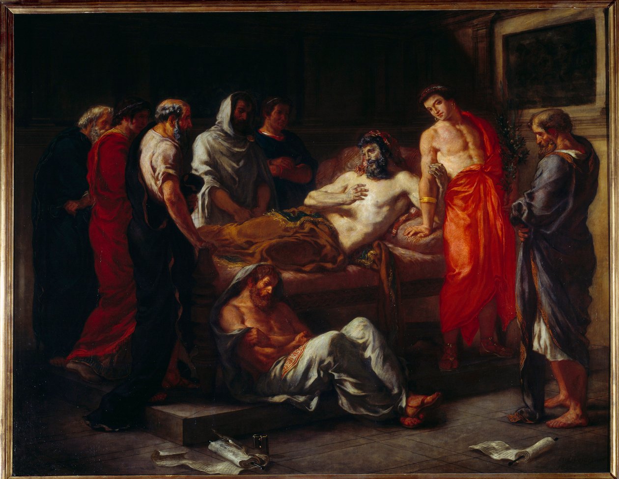 马克·奥雷勒 (121-180) 之死。 尤金·德拉克洛瓦 (Eugene Delacroix) 的绘画 (1798-1863) 作者 费迪南德·维克多·尤金·德拉克罗瓦