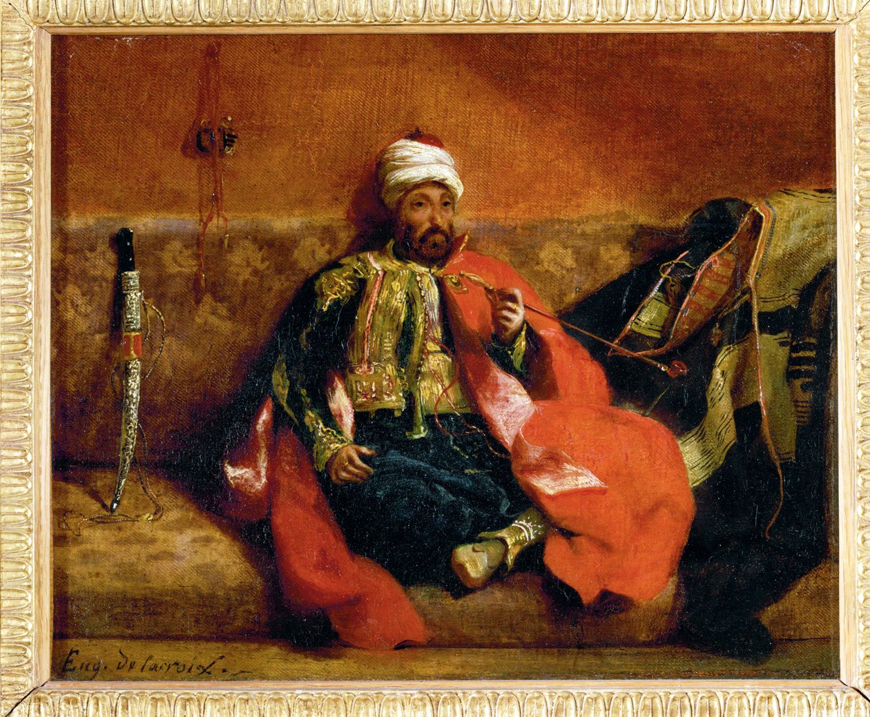 Turk fumant, assis sur un divan - 土耳其人，在沙发上吸烟... 作者 费迪南德·维克多·尤金·德拉克罗瓦