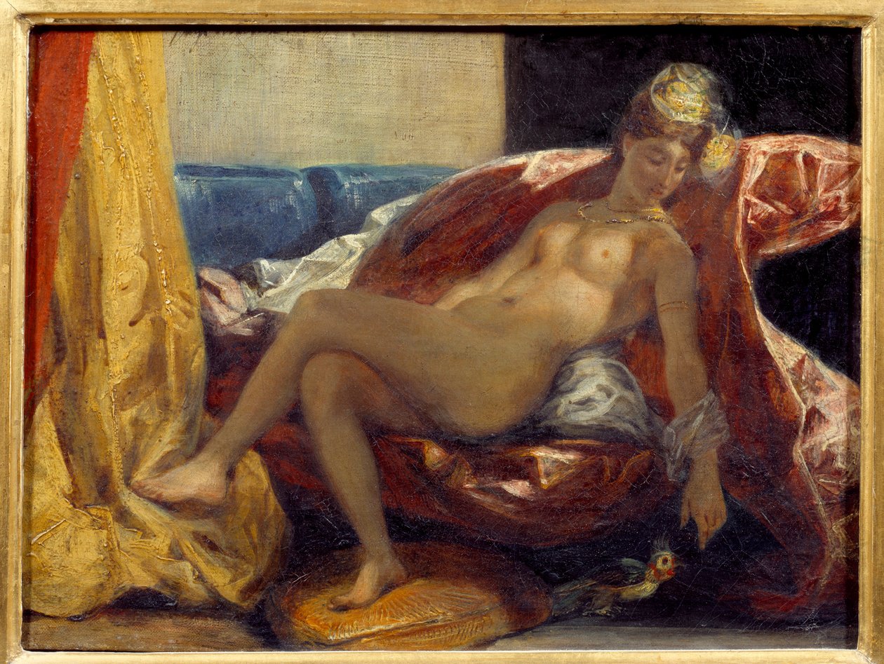 雕刻鹦鹉的女人。 尤金·德拉克洛瓦 (Eugene Delacroix) 的绘画 (1798-1863) 作者 费迪南德·维克多·尤金·德拉克罗瓦