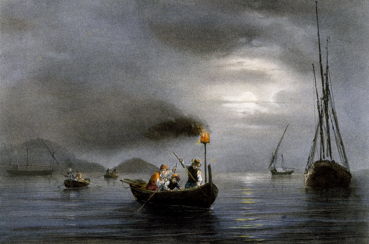 渔灯下的夜钓，费迪南-佩罗（1808-1841）的彩色石版画。 作者 费迪南德·维克多·佩罗特