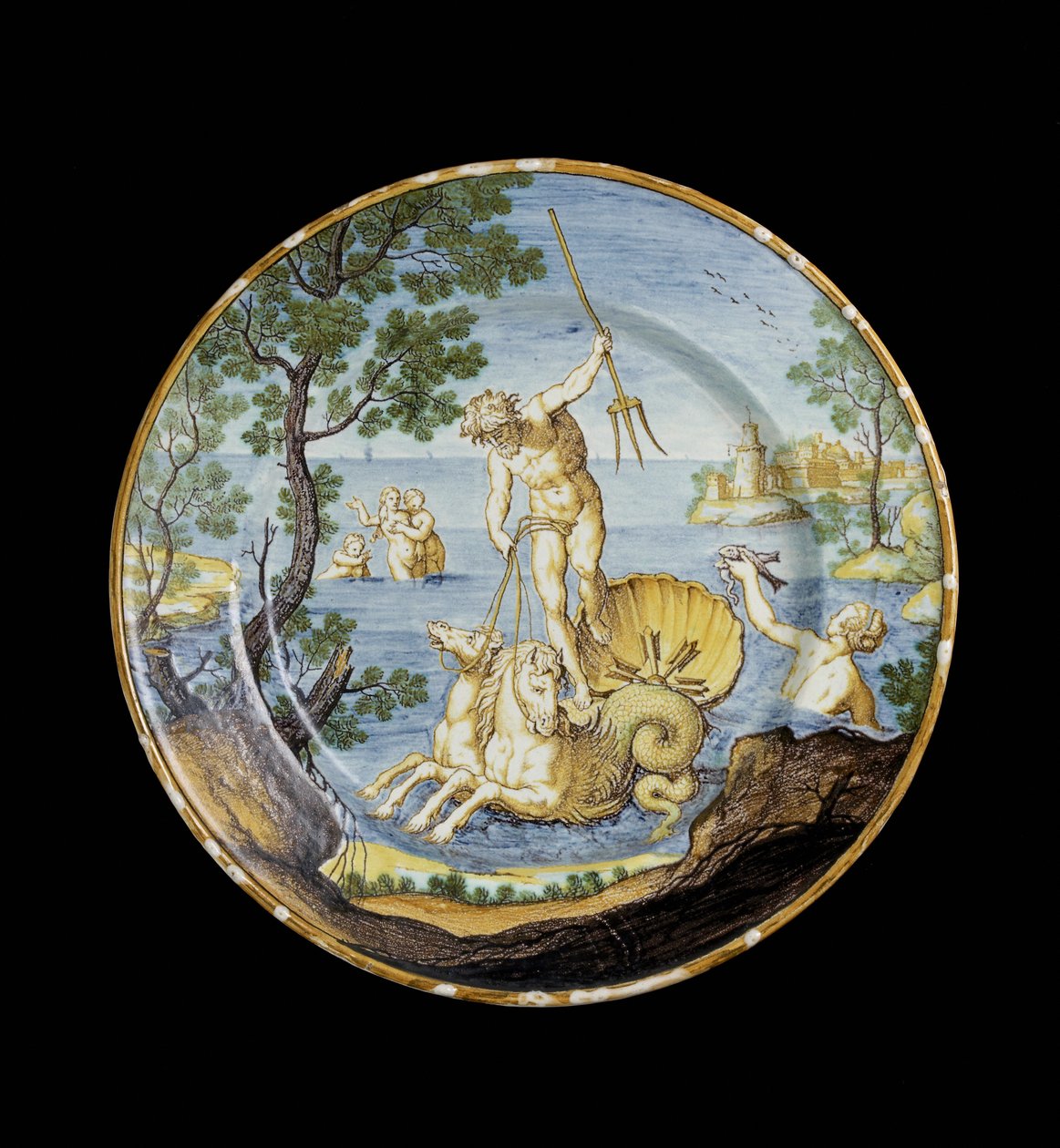在他的战车上用海王星板，c。 1730  -  1750锡釉陶器，maiolica 作者 费迪南多·玛丽亚·坎帕尼