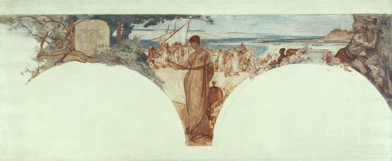 巴黎市政厅文学沙龙草图：古代文学史，约 1889 年（布面油画，铅笔画） 作者 费尔南德·科尔蒙（Fernand Cormon）