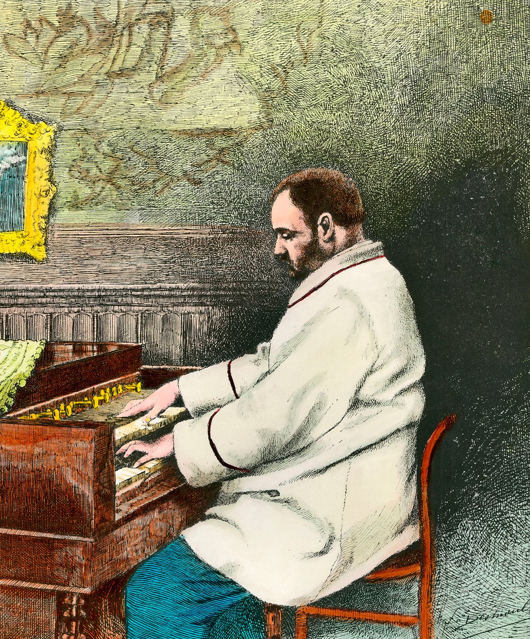 Portrait of Emile Zola (1840-1902) playing the organ. Engraving by Desmoulin (19th century). Coll. Get out. 作者 费尔南·德斯穆兰