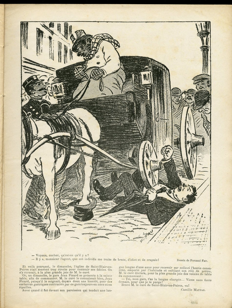 Fernand Fau（1858-1919 年）的插图，载于《Le Rire》，29/02/08 - Metiers, Transport, Disaster Accidents, Caleche Fiacre Cab - Cochers Fiacres 作者 费尔南德·福