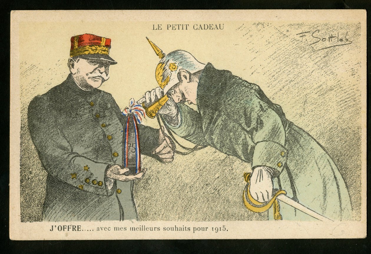 明信片，彩色讽刺画，约 1914_12：我为 1915 年献上的小礼物和最美好的祝愿--14-18 年战争、大炮、炮弹--威廉二世、约瑟夫 插图：Gottlob (1873-1935) 作者 费尔南·路易斯·戈特洛布