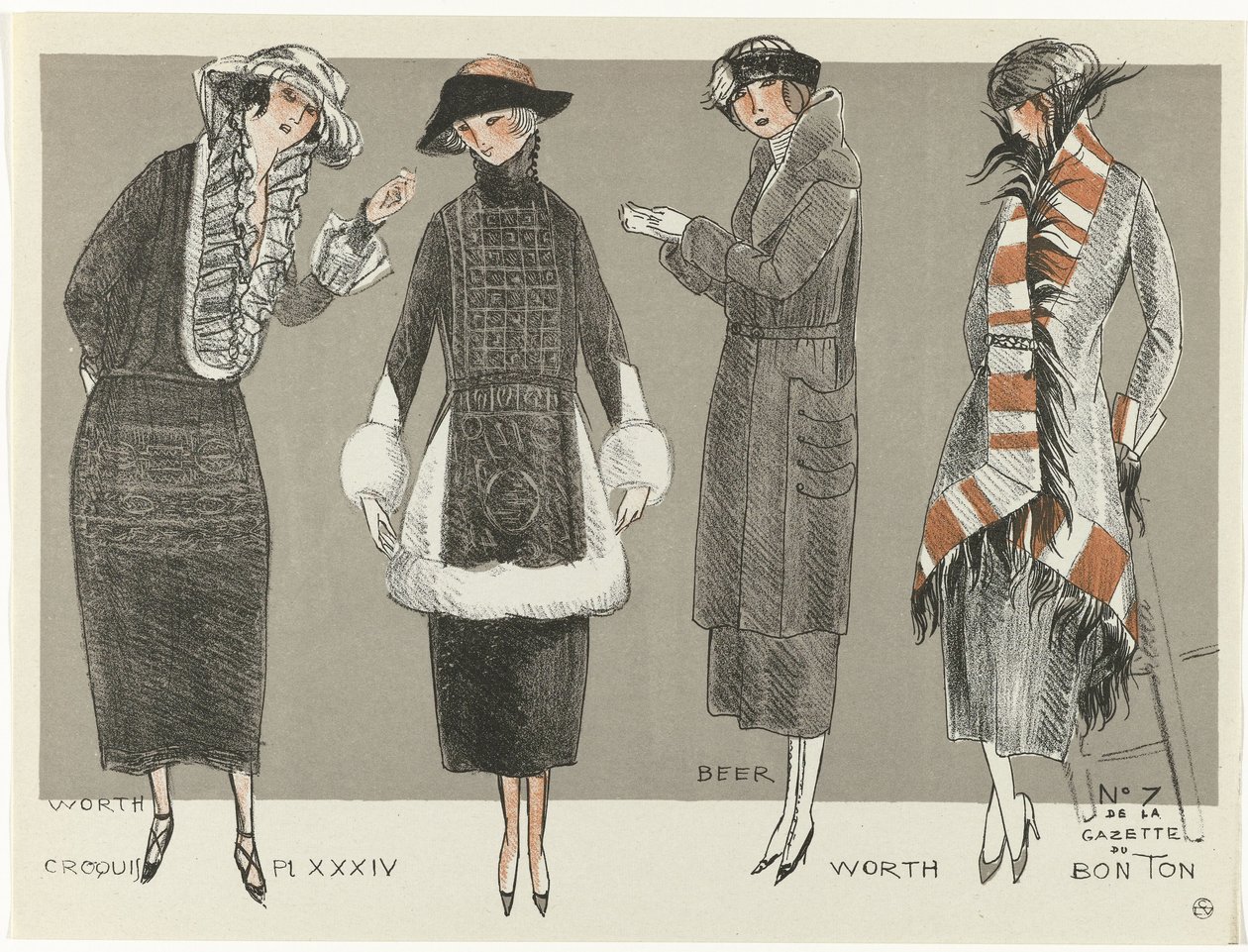 Gazette du Bon Ton》，1920 年 - 第 7 期，Croquis Pl XXXIV: Worth / Beer / Worth（标题在实物上） 作者 费尔南德·西蒙